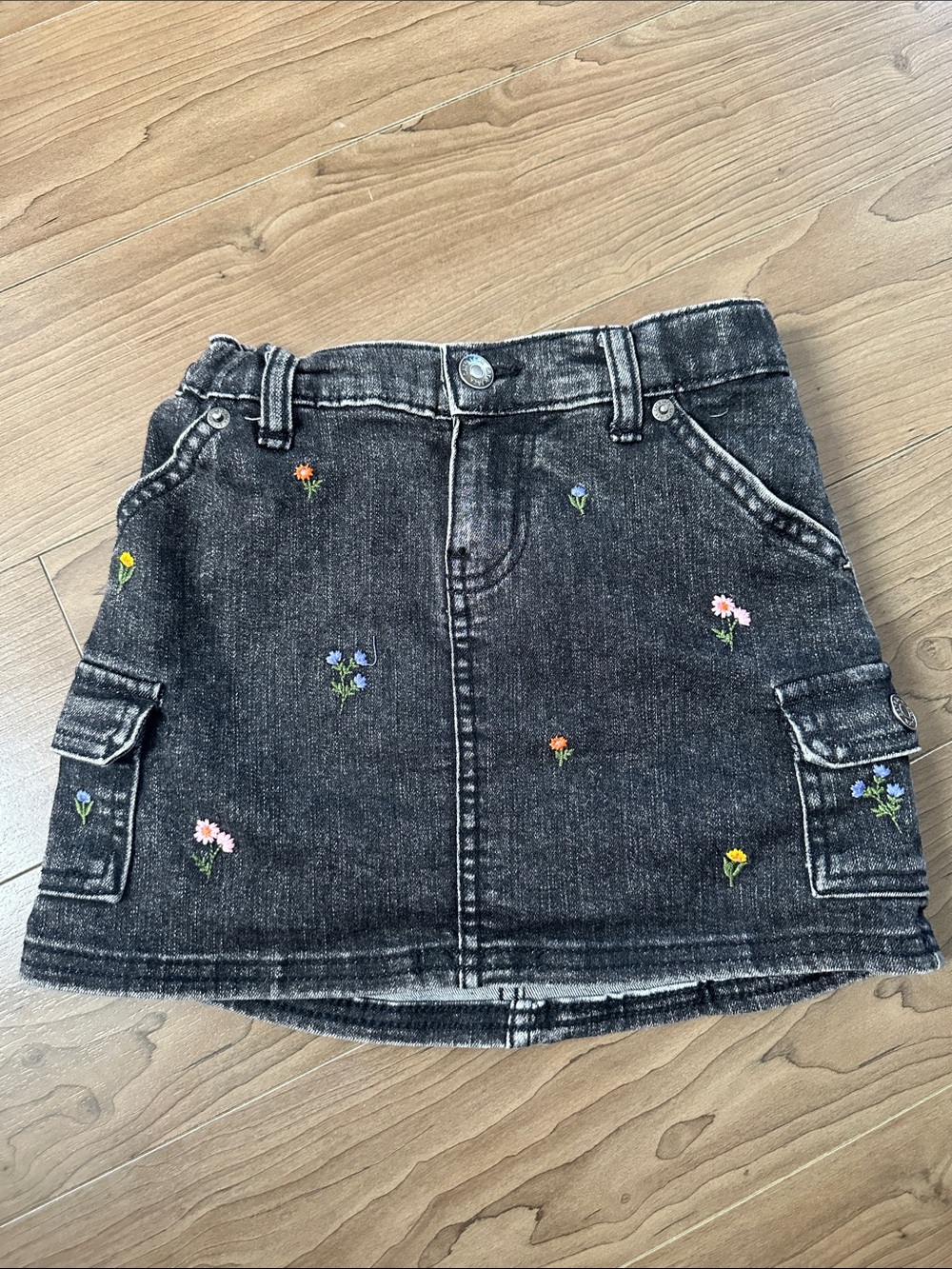 Cat & Jack Black Washed Denim Skirt with Embroidered Flowers